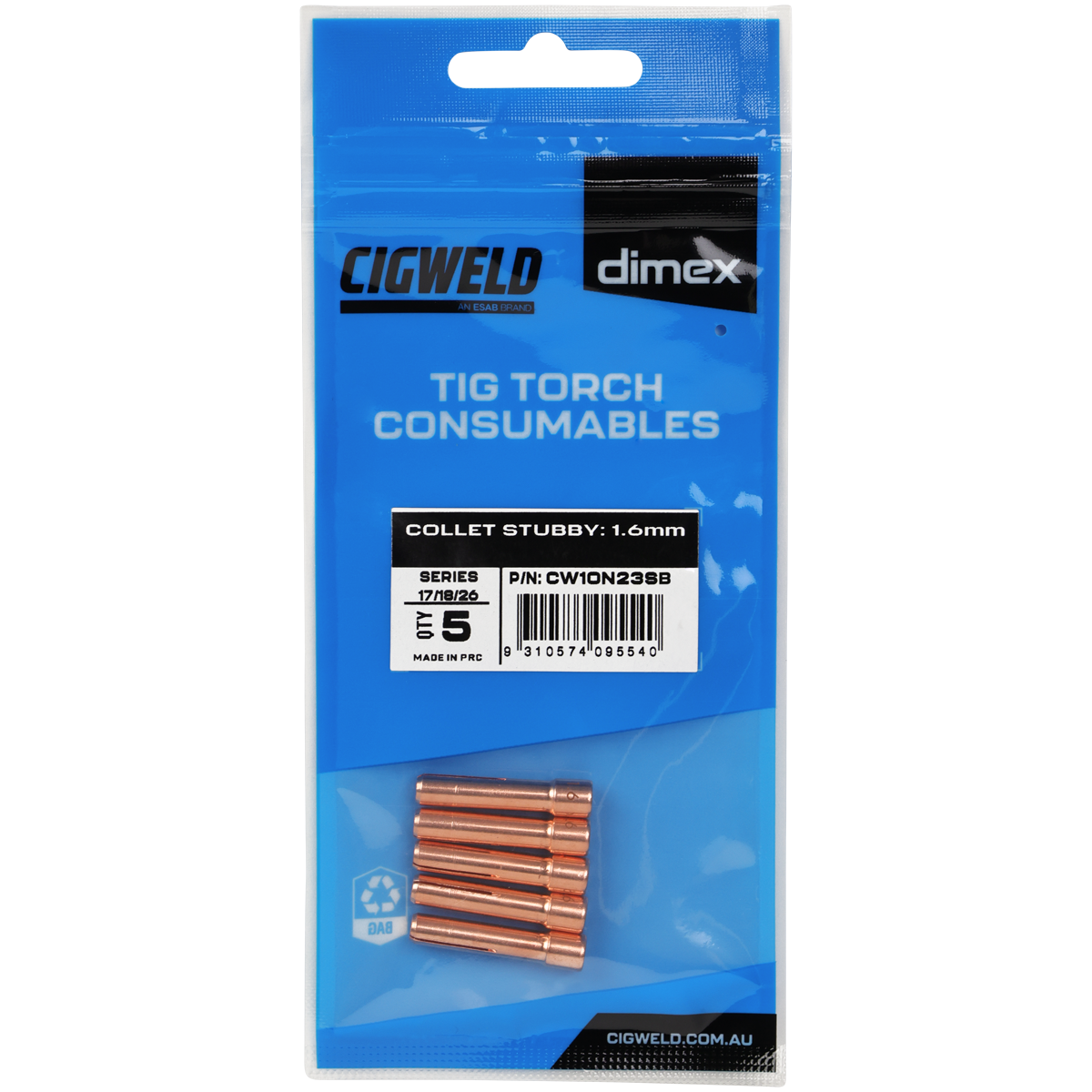 CIGWELD Dimex Stubby TIG Collets for 17/18/26 Series Torches, 1.6mm, 5 Pack