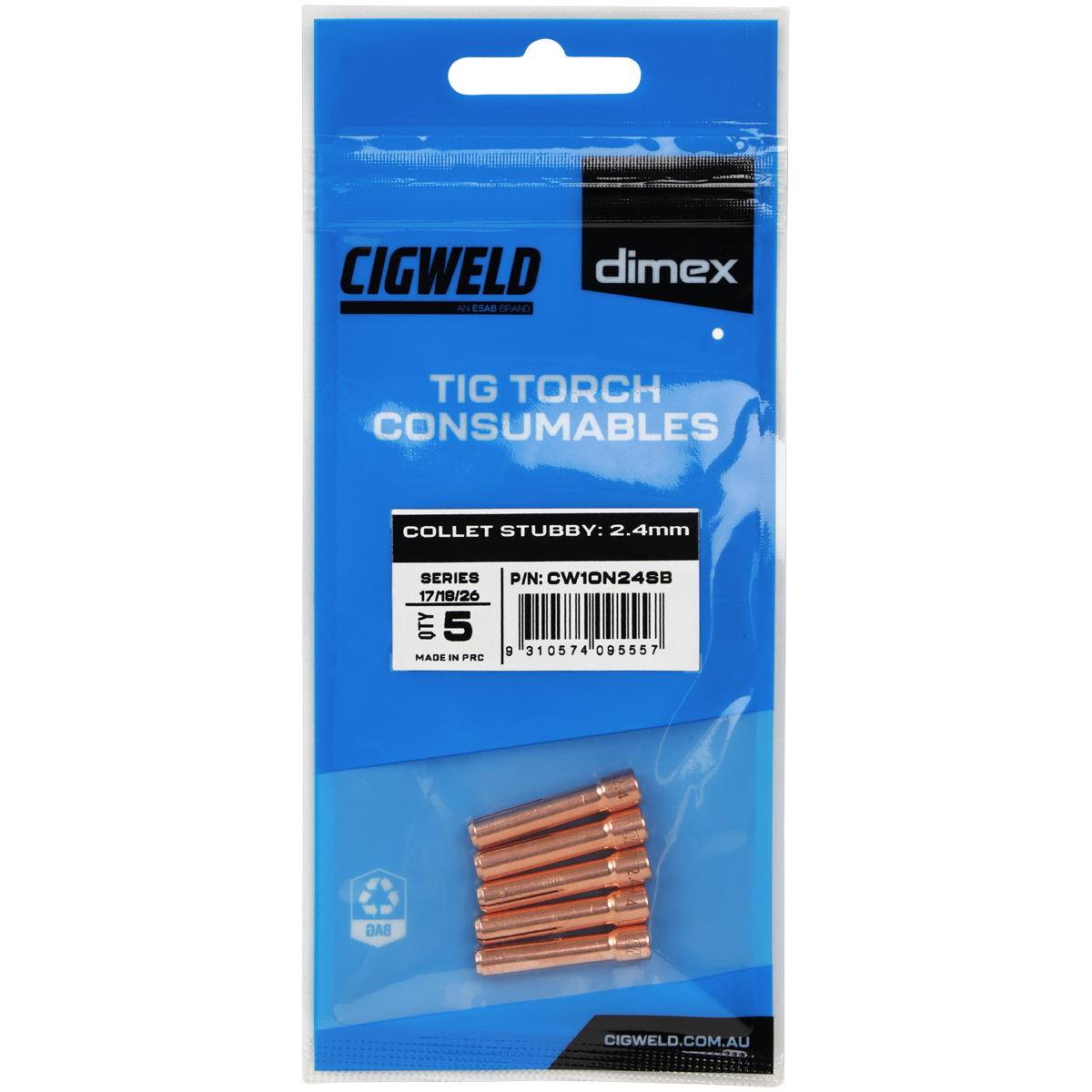 CIGWELD Dimex Stubby TIG Collets for 17/18/26 Series Torches, 2.4mm, 5 Pack