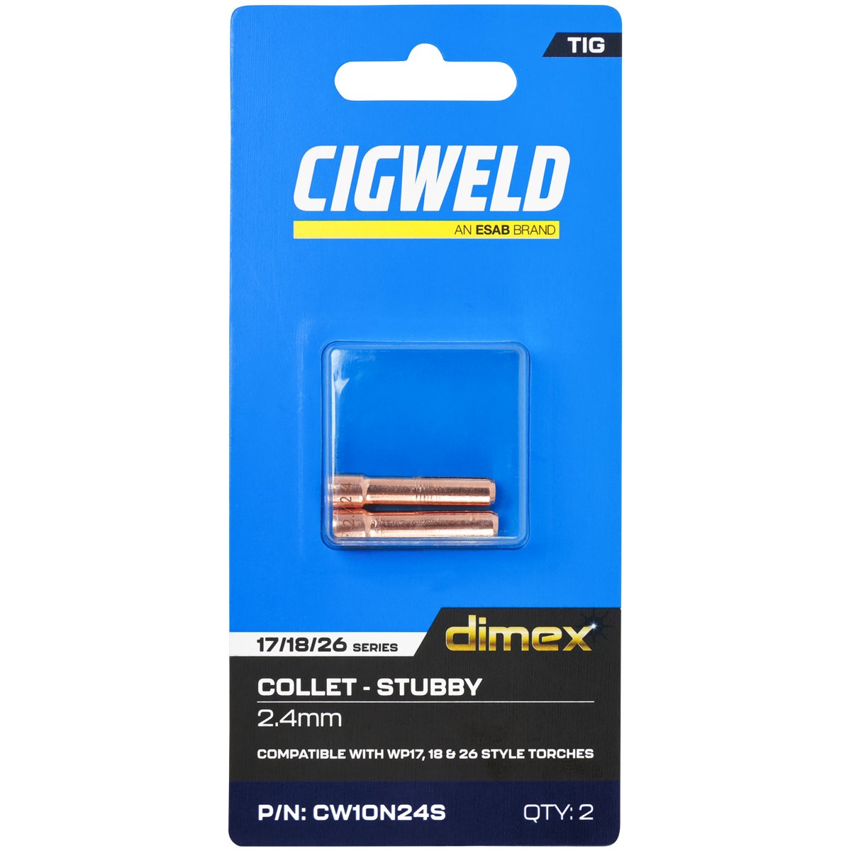 CIGWELD Dimex Stubby TIG Collets for 17/18/26 Series Torches, 2.4mm, 2 Pack