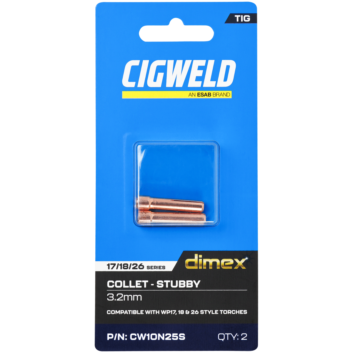 CIGWELD Dimex Stubby TIG Collets for 17/18/26 Series Torches, 3.2mm, 2 Pack