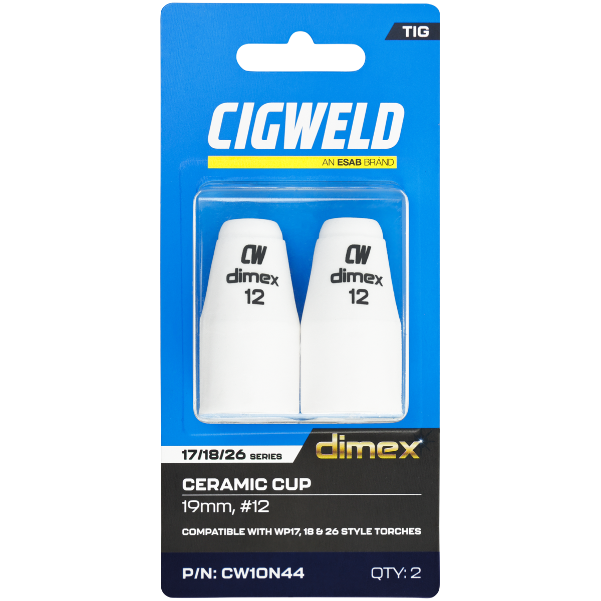 CIGWELD Dimex Alumina Ceramic TIG Cups for 17/18/26 Series Torches, Size #12, 2 Pack