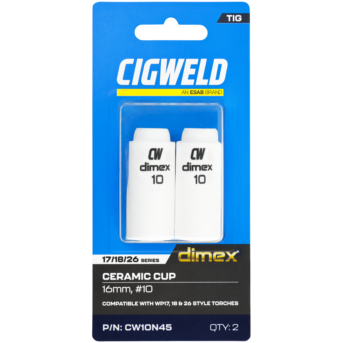 CIGWELD Dimex Alumina Ceramic TIG Cups for 17/18/26 Series Torches, Size #10, 2 Pack