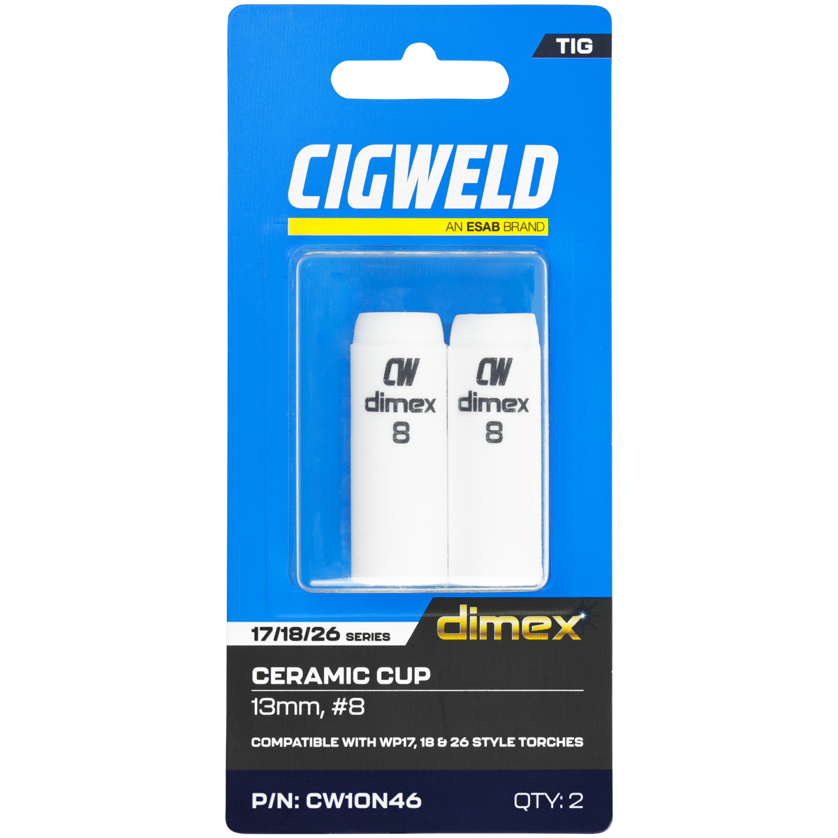 CIGWELD Dimex Alumina Ceramic TIG Cups for 17/18/26 Series Torches, Size #8, 2 Pack
