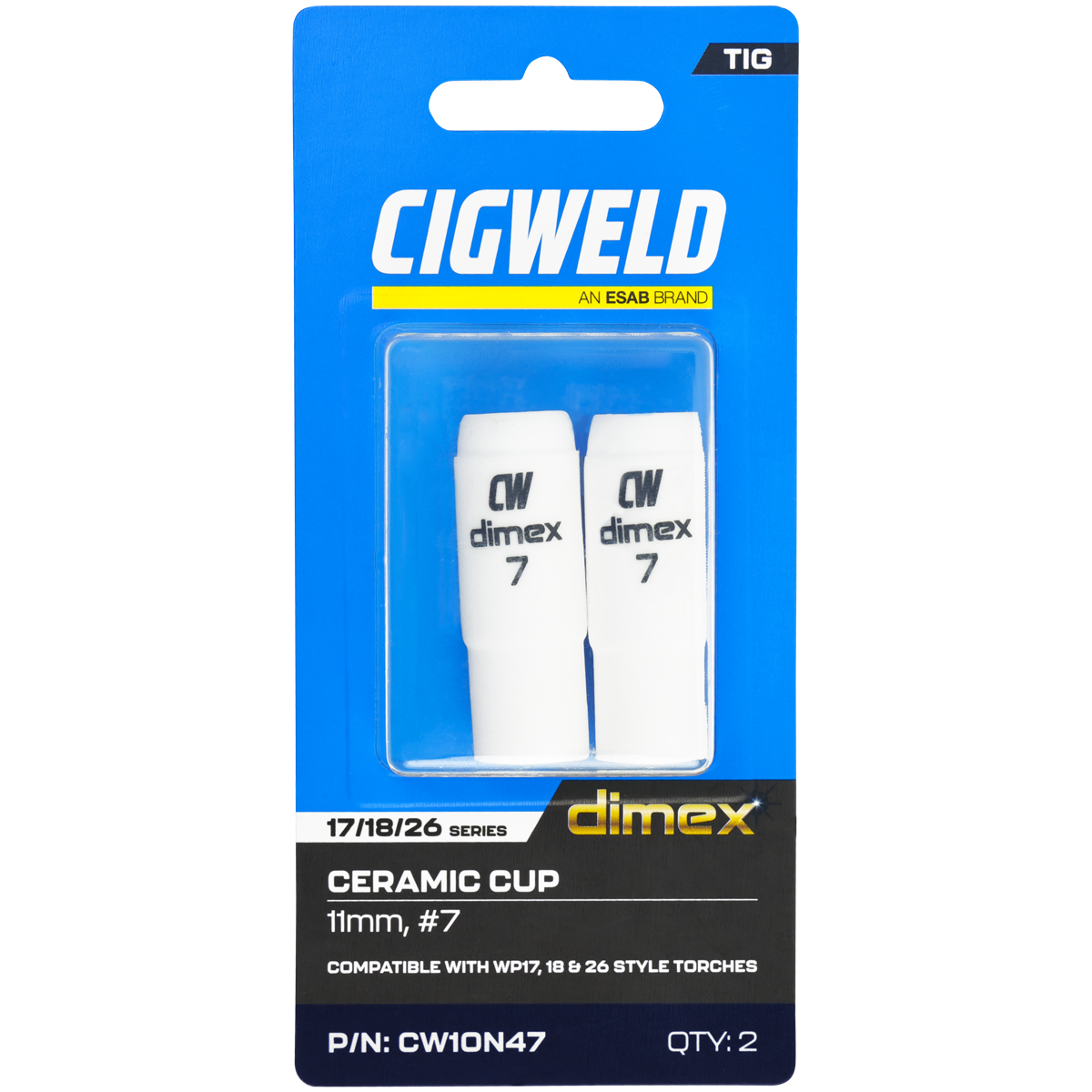CIGWELD Dimex Alumina Ceramic TIG Cups for 17/18/26 Series Torches, Size #7, 2 Pack