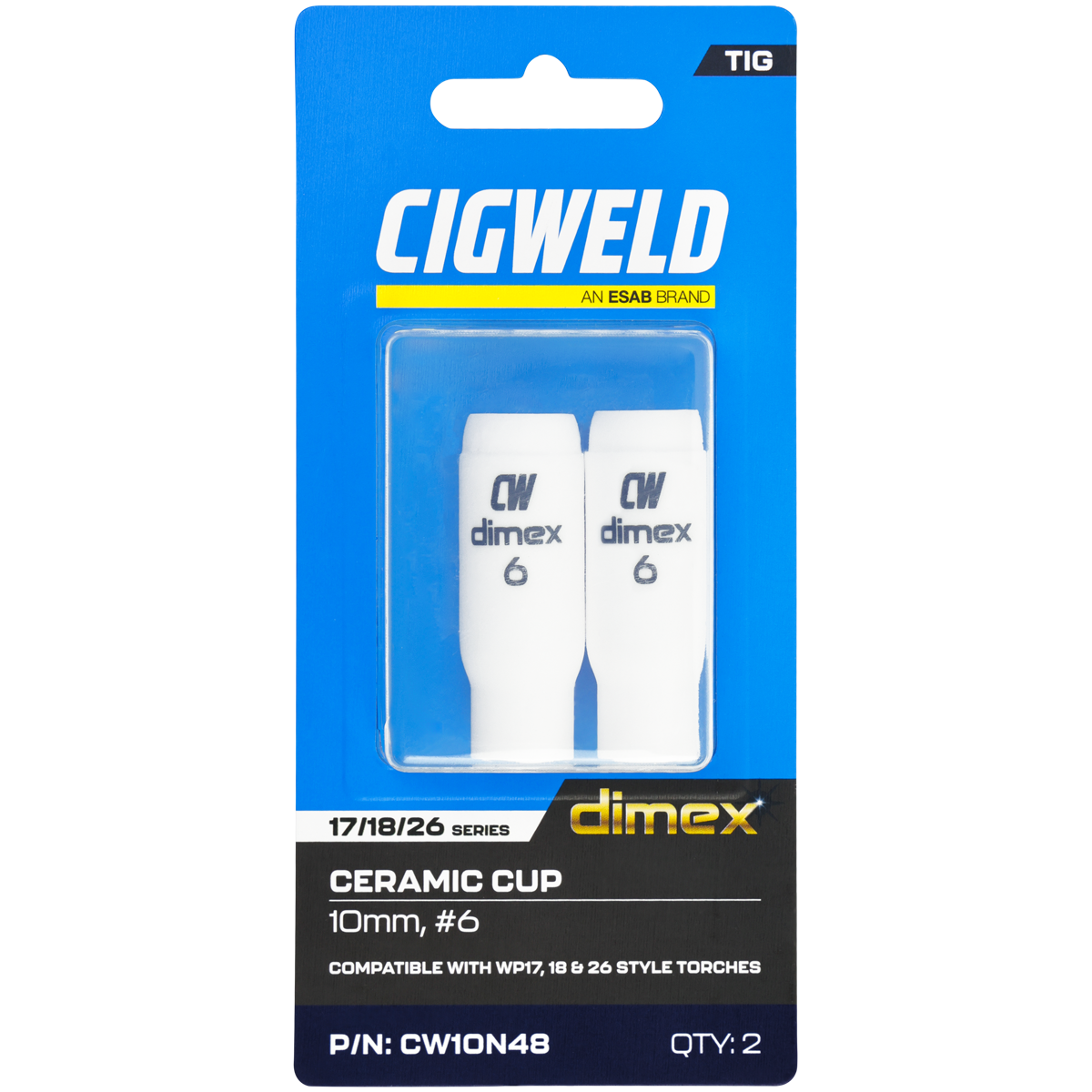 CIGWELD Dimex Alumina Ceramic TIG Cups for 17/18/26 Series Torches, Size #6, 2 Pack