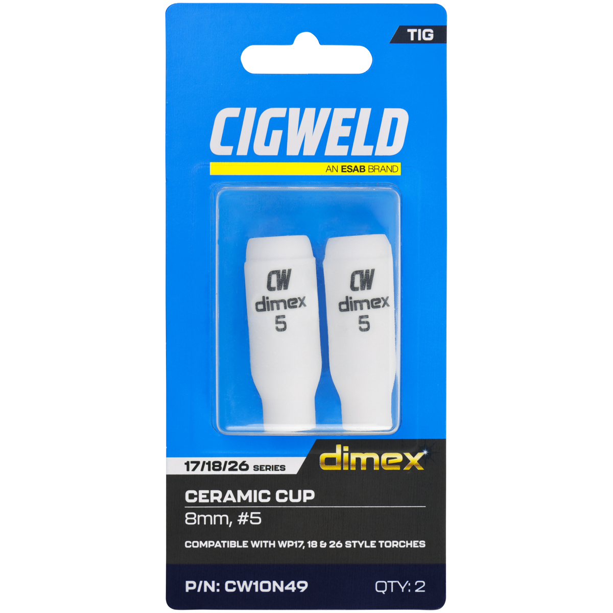 CIGWELD Dimex Alumina Ceramic TIG Cups for 17/18/26 Series Torches, Size #5, 2 Pack