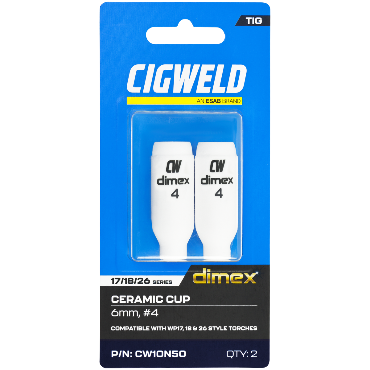CIGWELD Dimex Alumina Ceramic TIG Cups for 17/18/26 Series Torches, Size #4, 2 Pack