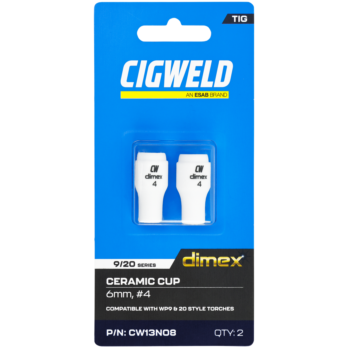 CIGWELD Dimex Alumina Ceramic TIG Cups for 9/20 Series Torches, Size #4, 2 Pack