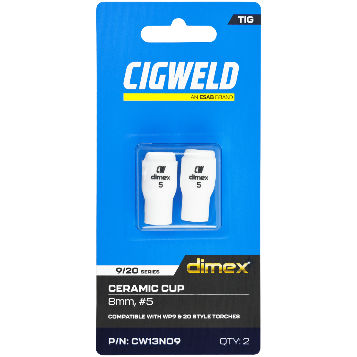 CIGWELD Dimex Alumina Ceramic TIG Cups for 9/20 Series Torches, Size #5, 2 Pack