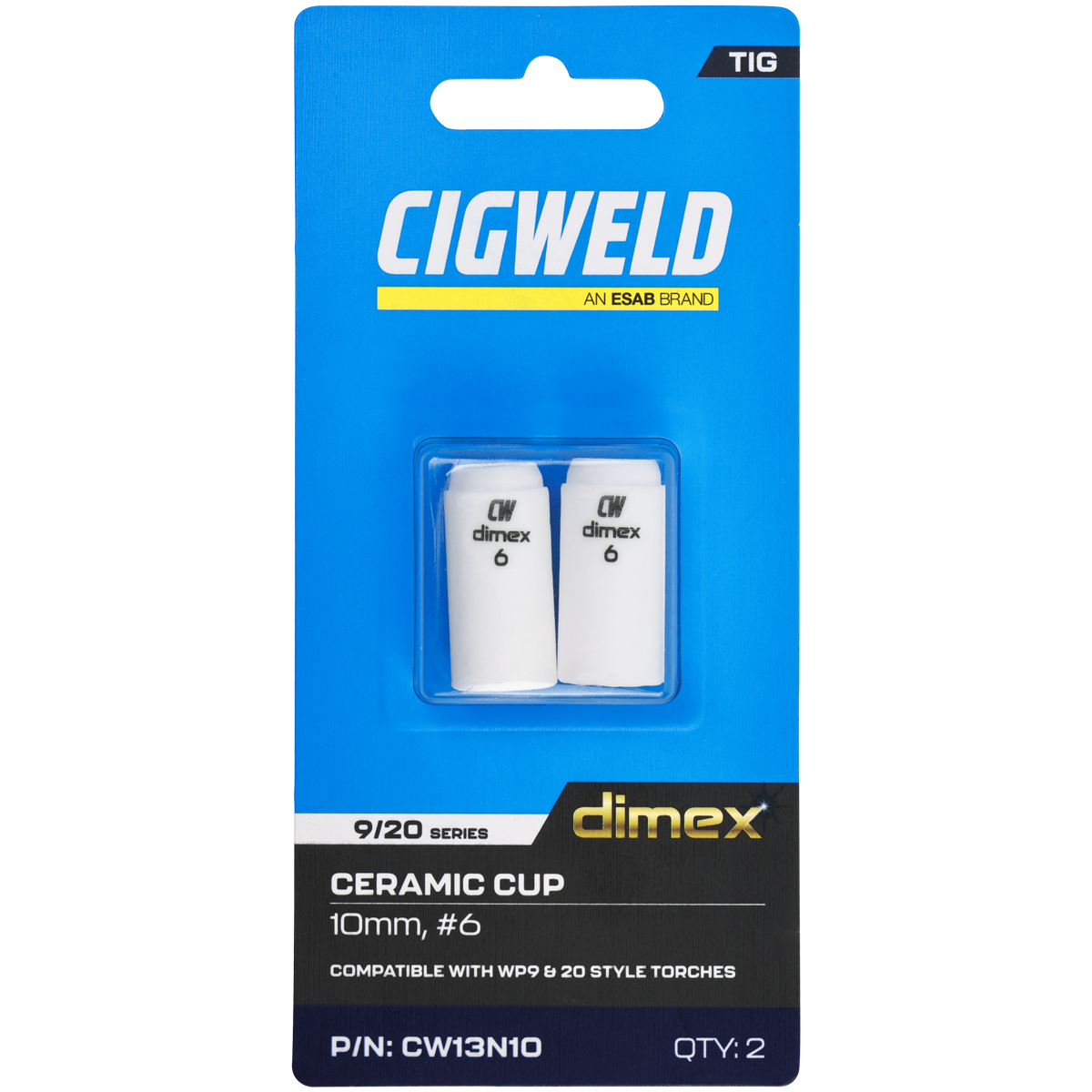 CIGWELD Dimex Alumina Ceramic TIG Cups for 9/20 Series Torches, Size #6, 2 Pack