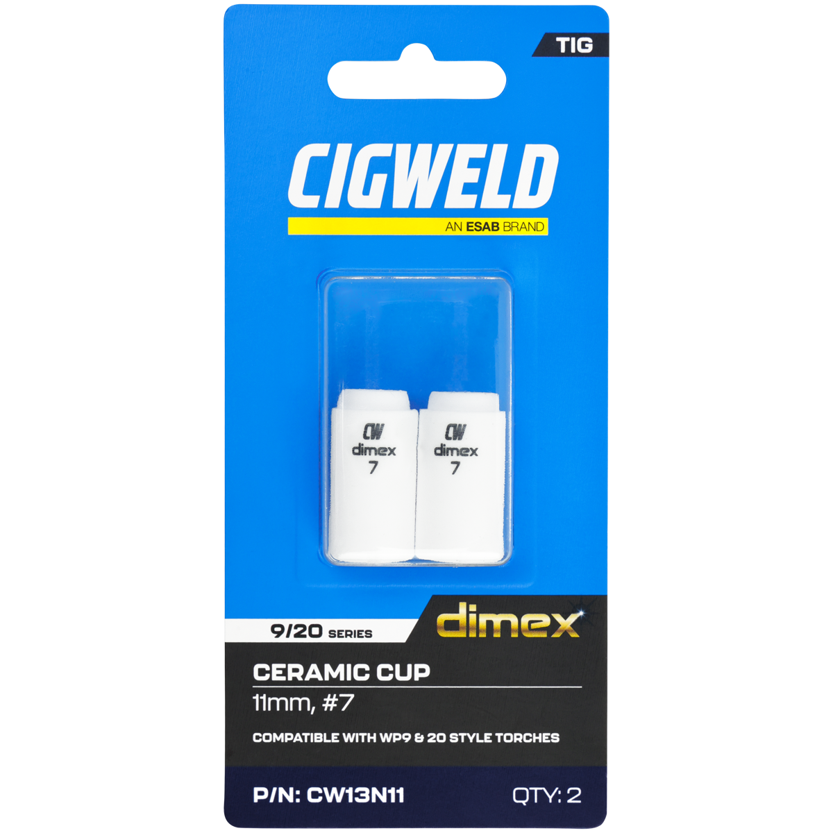CIGWELD Dimex Alumina Ceramic TIG Cups for 9/20 Series Torches, Size #7, 2 Pack