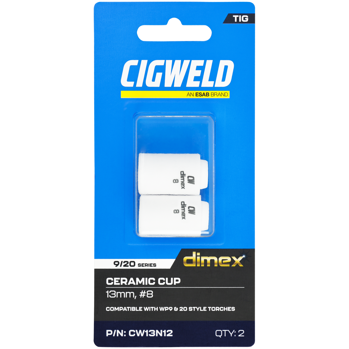 CIGWELD Dimex Alumina Ceramic TIG Cups for 9/20 Series Torches, Size #8, 2 Pack