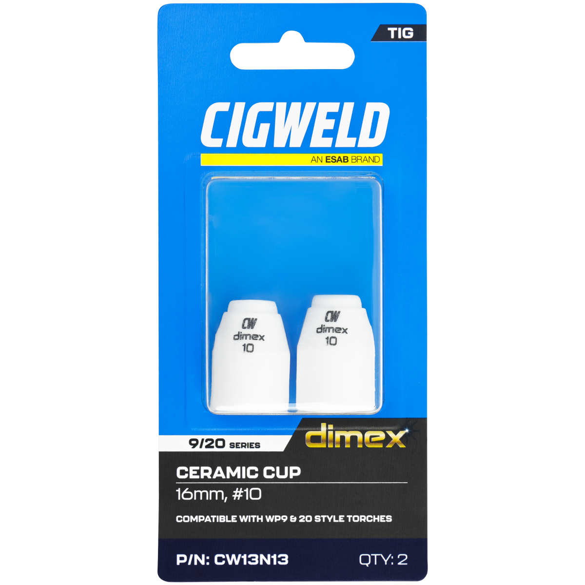 CIGWELD Dimex Alumina Ceramic TIG Cups for 9/20 Series Torches, Size #10, 2 Pack