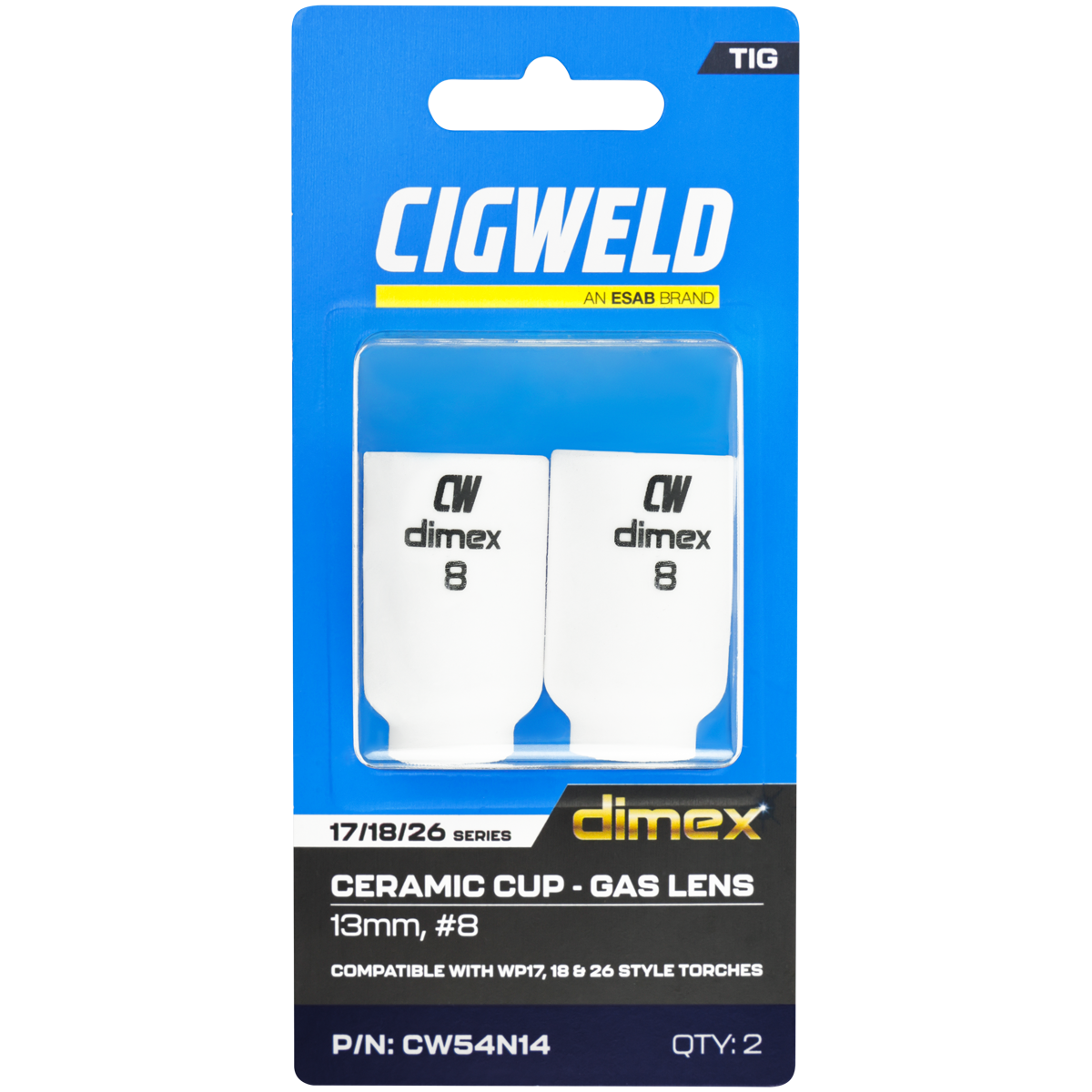 CIGWELD Dimex Gas Lens Alumina Ceramic TIG Cups for 17/18/26 Series Torches, Size #8, 2 Pack