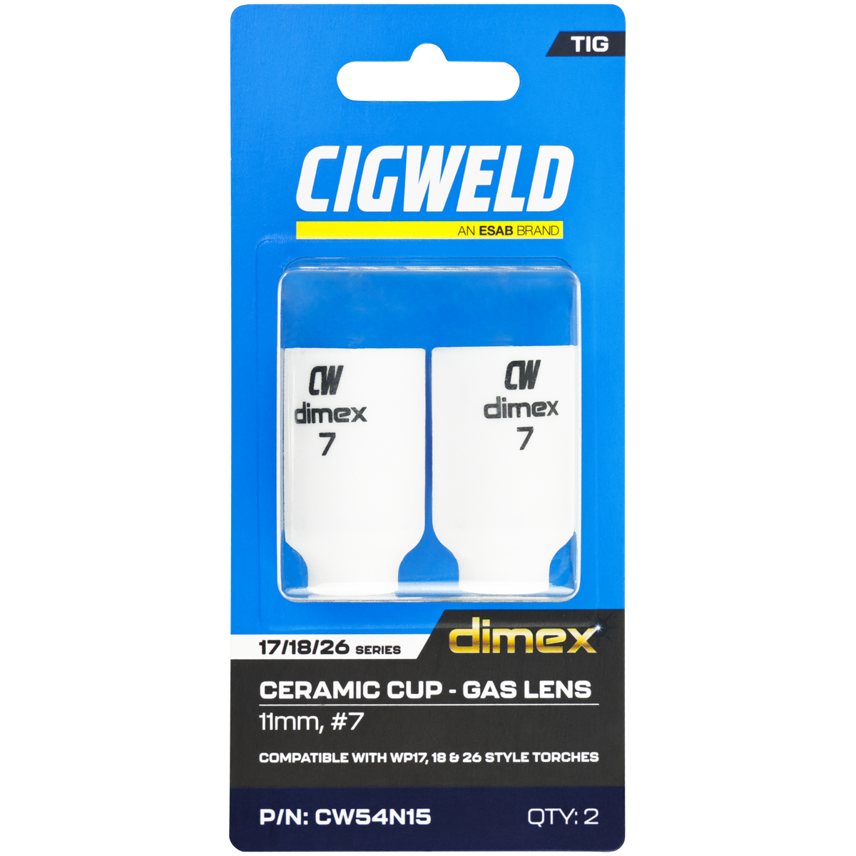 CIGWELD Dimex Gas Lens Alumina Ceramic TIG Cups for 17/18/26 Series Torches, Size #7, 2 Pack