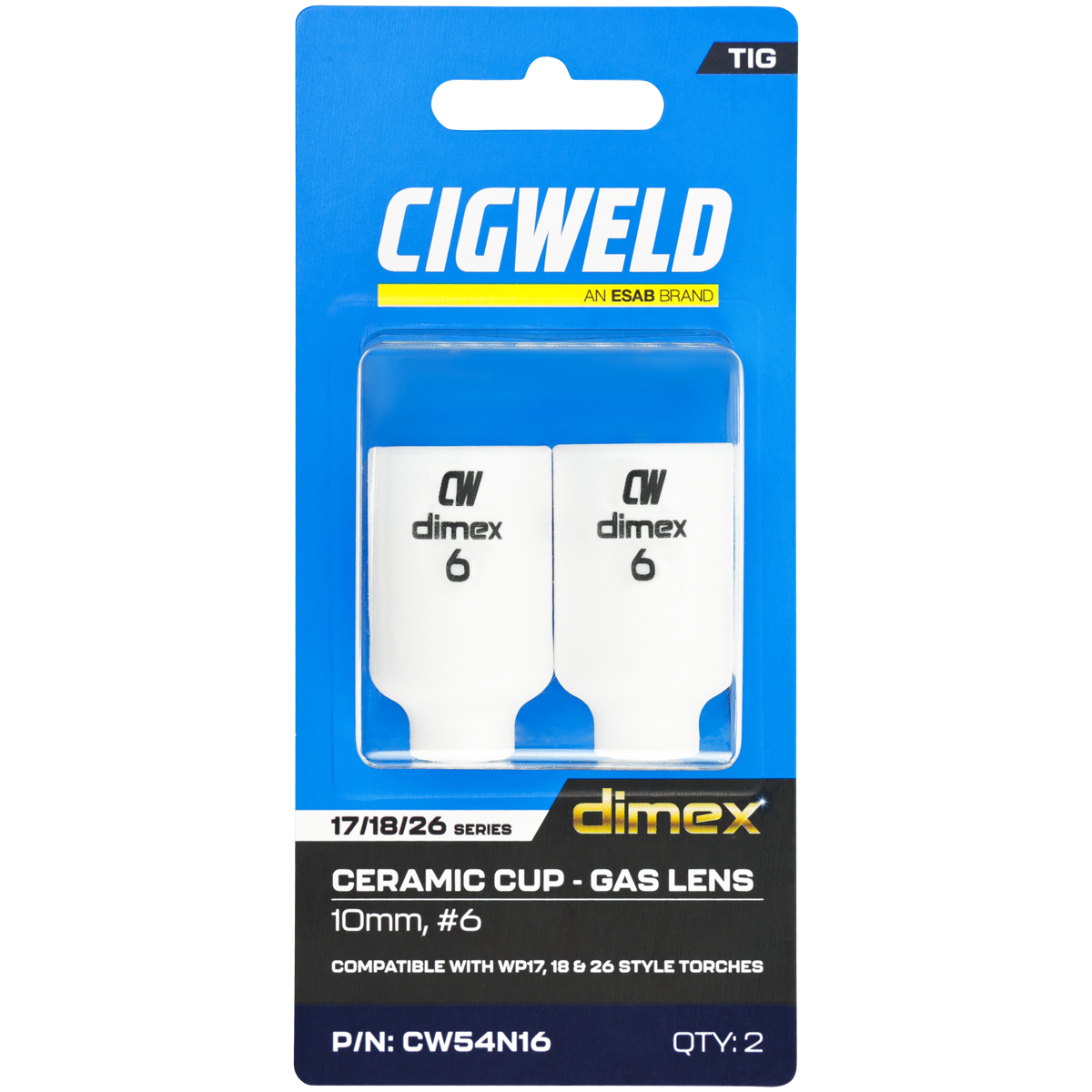 CIGWELD Dimex Gas Lens Alumina Ceramic TIG Cups for 17/18/26 Series Torches, Size #6, 2 Pack
