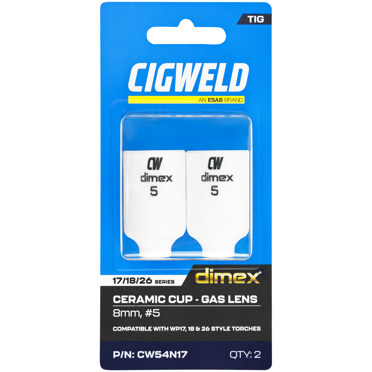 CIGWELD Dimex Gas Lens Alumina Ceramic TIG Cups for 17/18/26 Series Torches, Size #5, 2 Pack