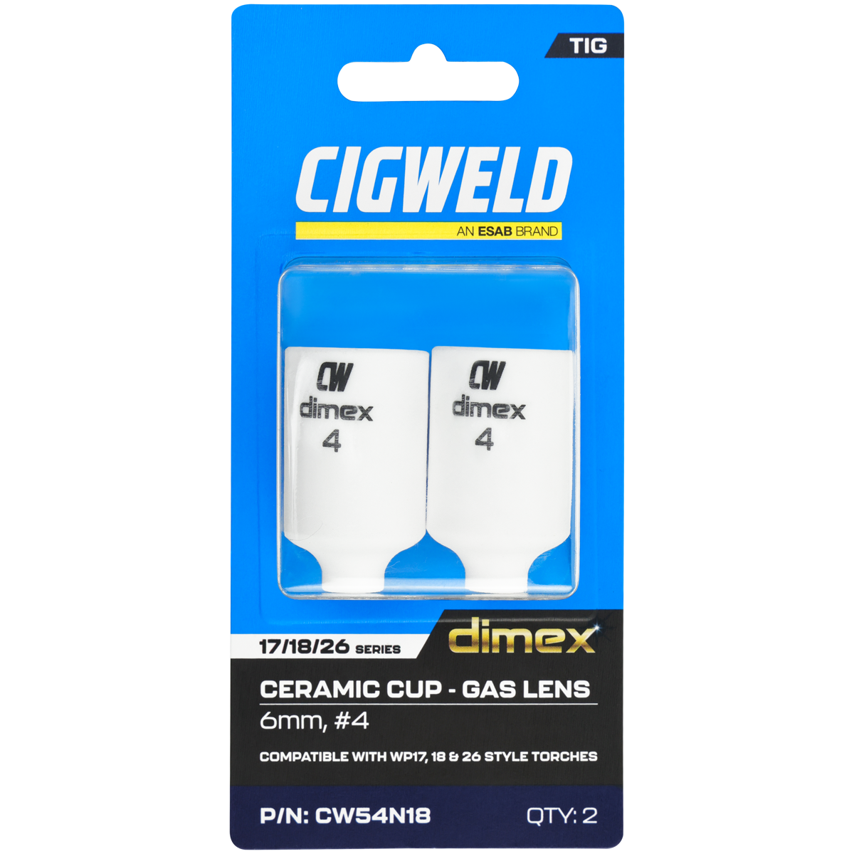 CIGWELD Dimex Gas Lens Alumina Ceramic TIG Cups for 17/18/26 Series Torches, Size #4, 2 Pack