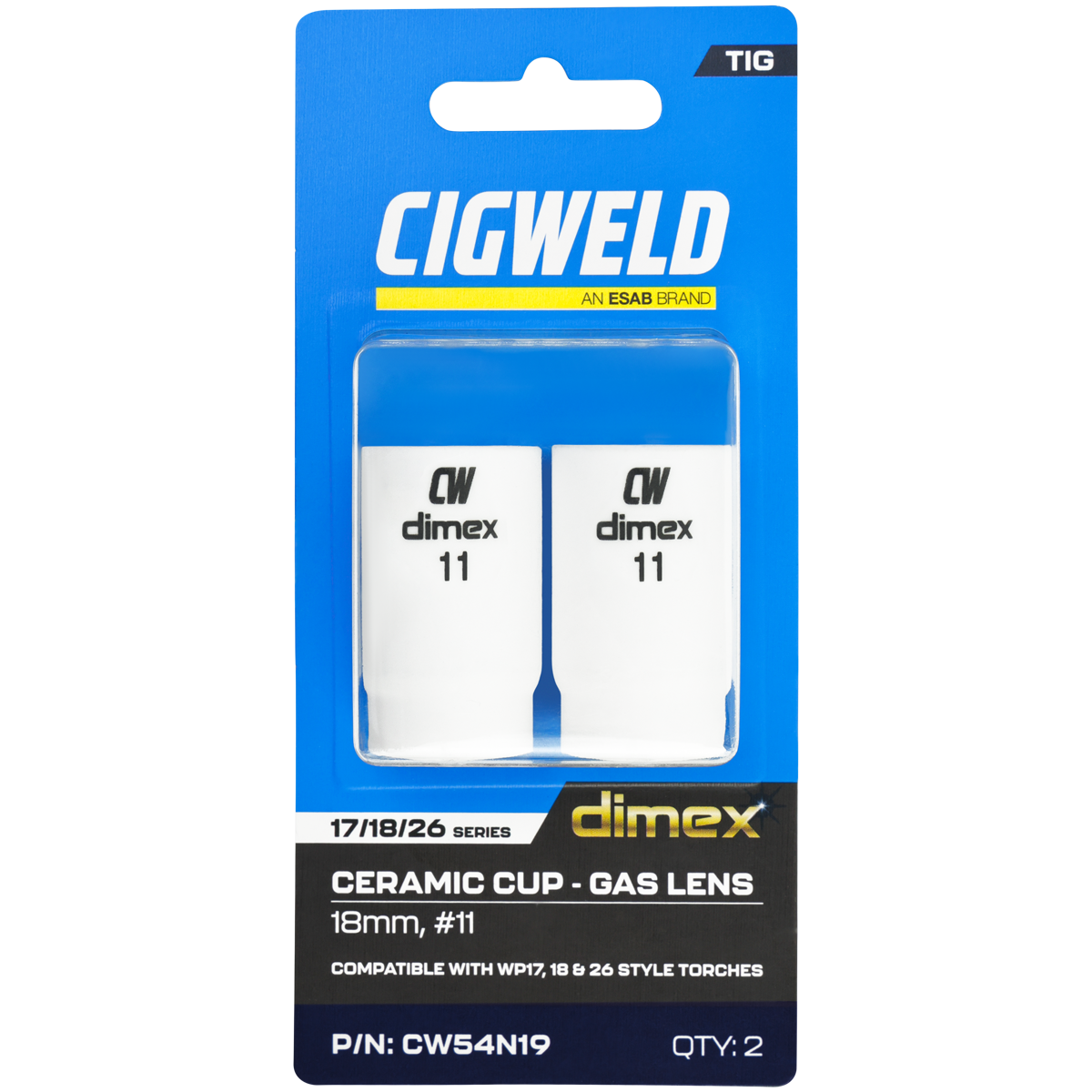 CIGWELD Dimex Gas Lens Alumina Ceramic TIG Cups for 17/18/26 Series Torches, Size #11, 2 Pack